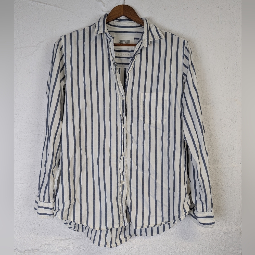 Grayson Hero Shirt Womens Small Blue White Stripe Classic Preppy Nautical Cotton